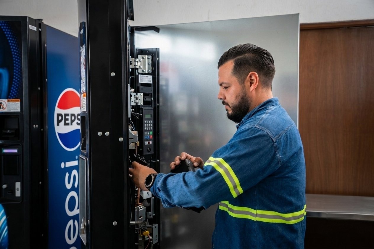 Técnico de VAXSA Vending dando mantenimiento a una máquina expendedora - servicio técnico propio