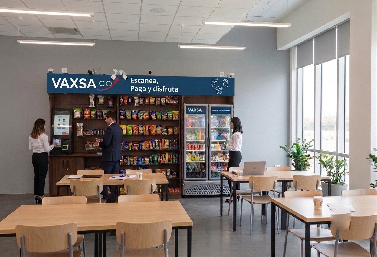 Micro Market VAXSA Vending instalado en corporativo de Monterrey - anaqueles, refrigerador y terminal de autopago